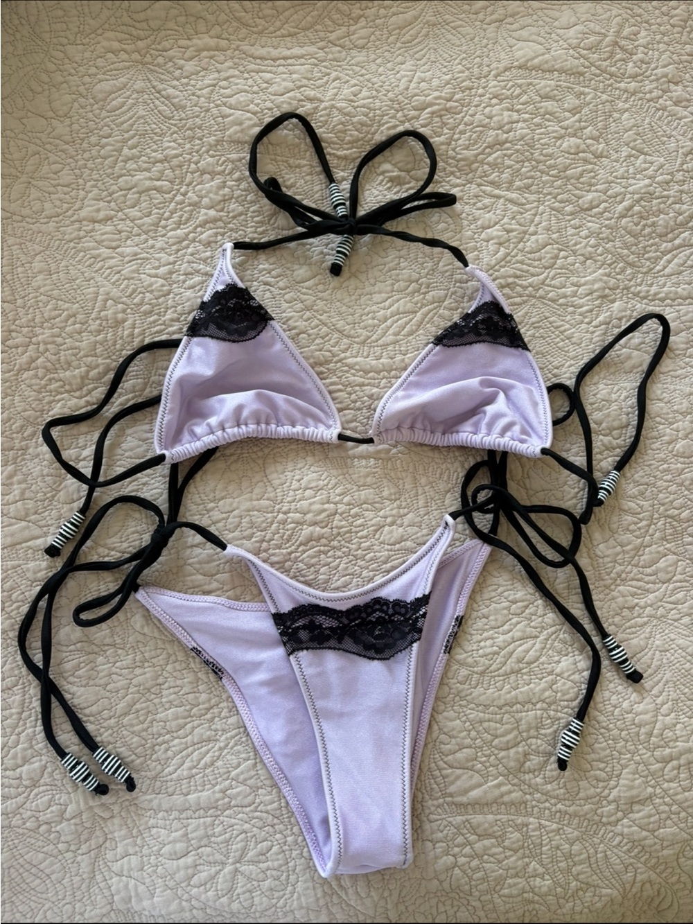 GOLDIE Swim Lilac Lace-Trim Triangle Bikini Set with Black Ties